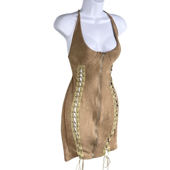 Better Be L Tan Vegan Suede Mini Dress Zip Front Lace Up Stretchy Costal Cowgirl - Picture 5 of 16